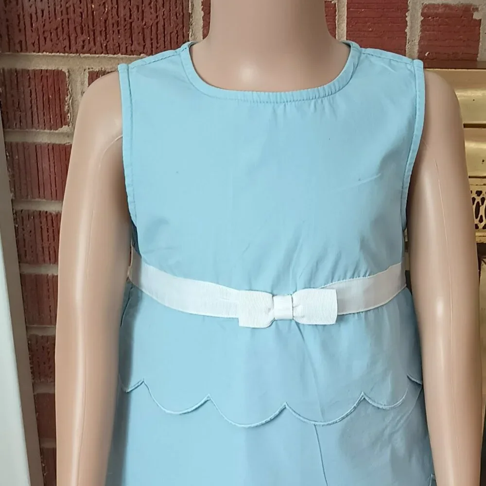 Girl's Blue Layered Scalloped Dress 4 Sleeveless with White Ribbon & Bow Retro
